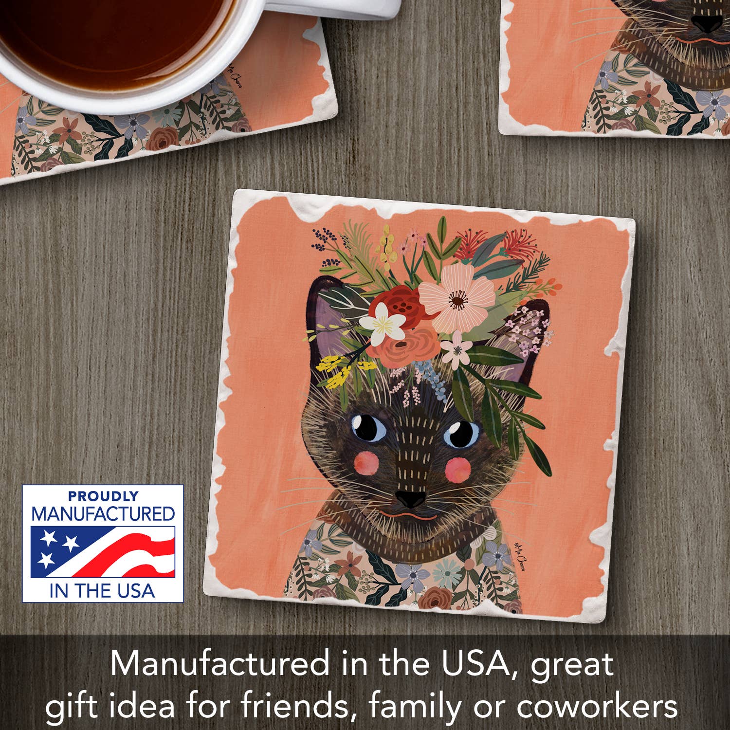 Conimar Promotions - Wholesale Coasters - "Floral Pets-Siamese" Single Tumbled Tile Coaster   4