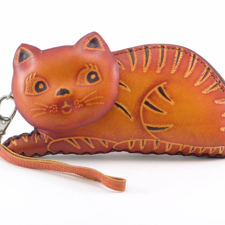 Handmade Leather Cat Wristlet. Coin purse wallet for wholesale by Sunflower Handmade leather inc