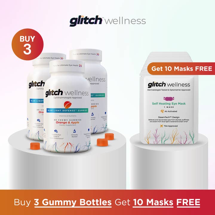 Glitch Wellness - Vendita all'ingrosso Vitamine/integratori orali - 3 bottiglie di caramelle gommose Glitch™ Blue Light Defense™ + 10 maschere in omaggio