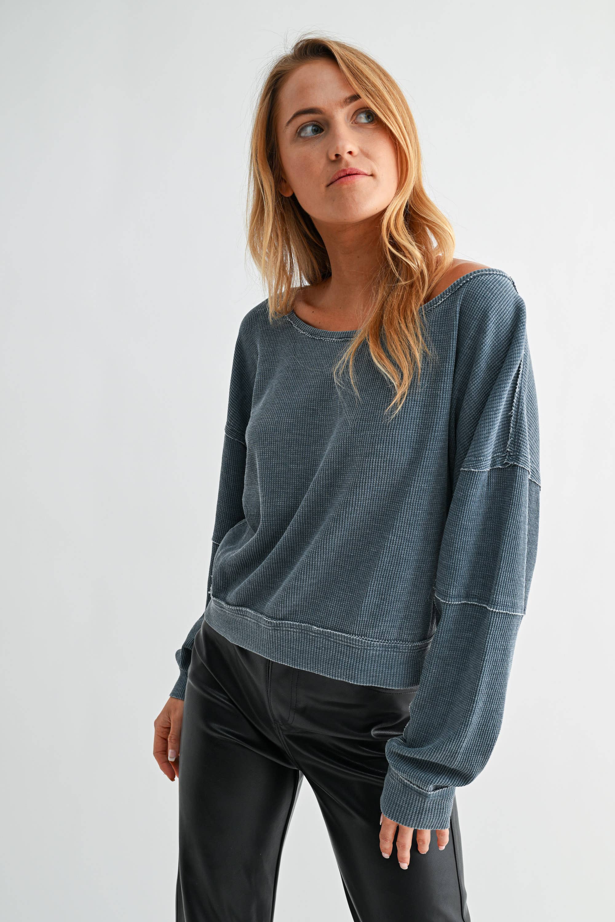 Mono B - Wholesale Sweatshirt - Women's - Raw Edge Waffle Knit Boatneck Pullover1