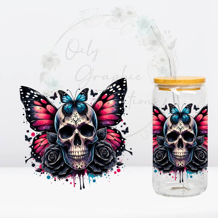 Oily Graphic Creations - Wholesale Sublimation Transfer - Blue Butterfly Skull-UV DTF Decal