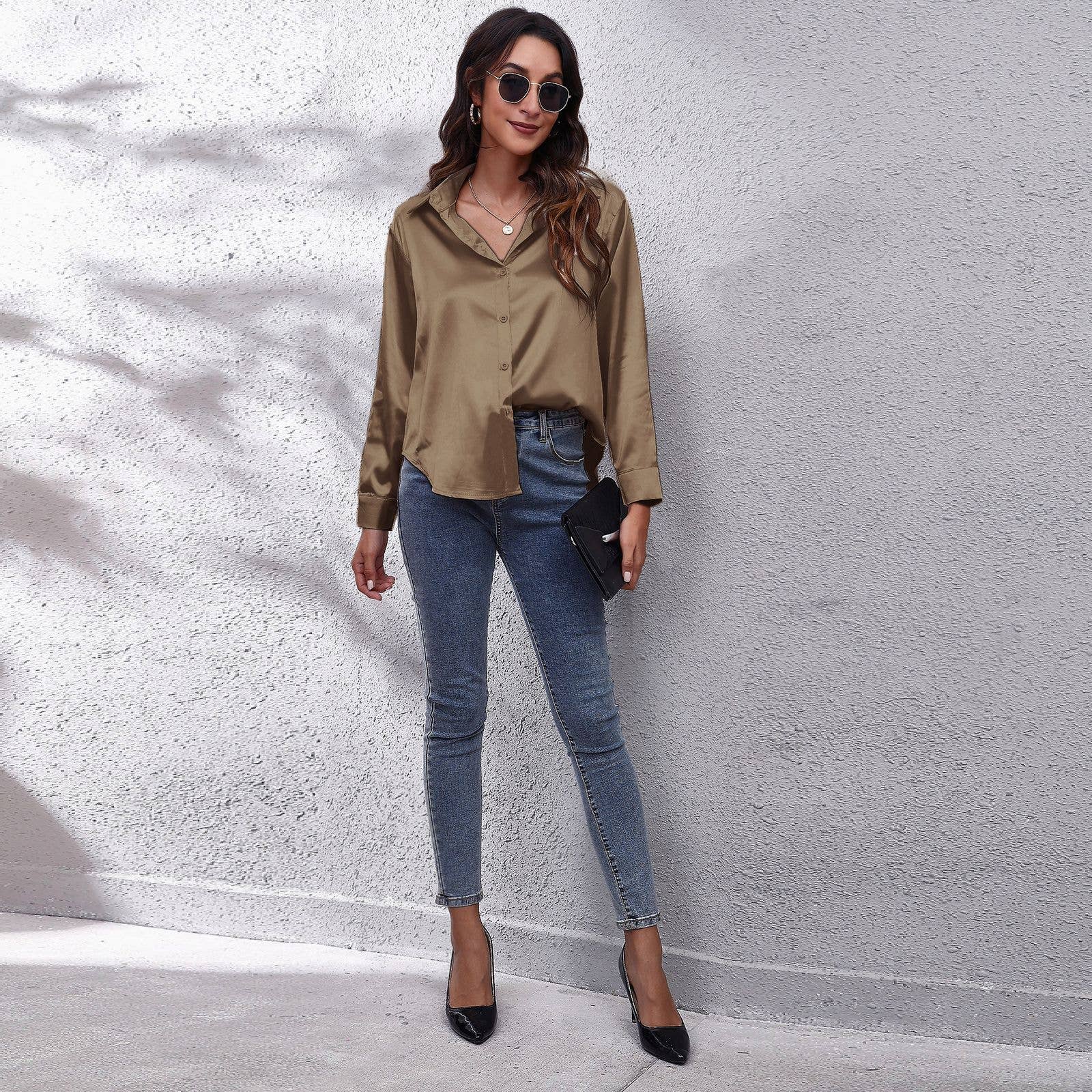 Lily Clothing - Vente Chemise – femme - Chemise en satin de soie à manches longues36