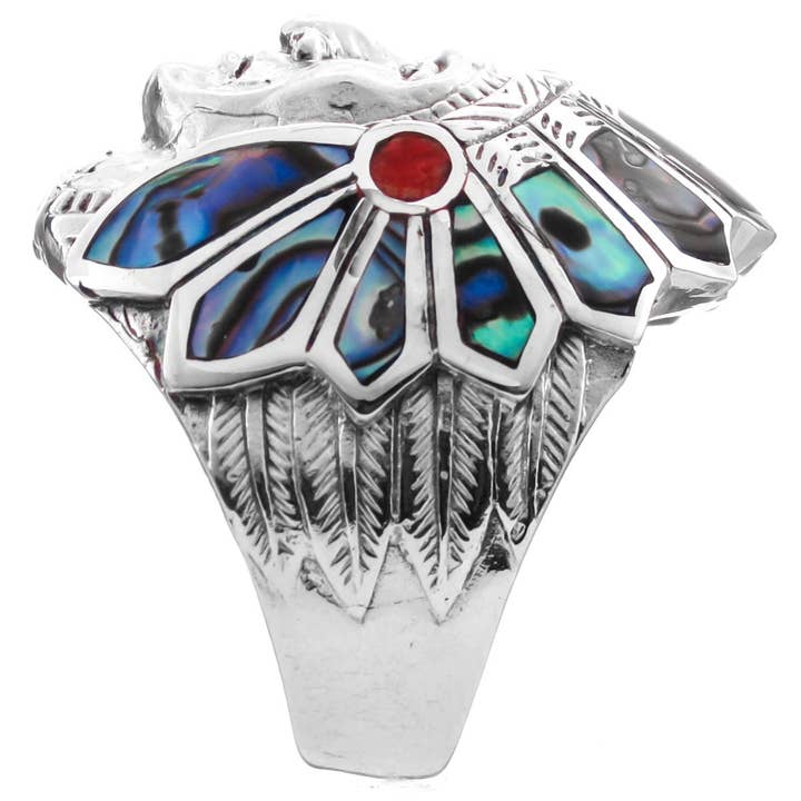 FifiRose - Wholesale Cocktail/Statement Ring - 925 sterling silver paua abalone red coral motor biker indian chief ring2
