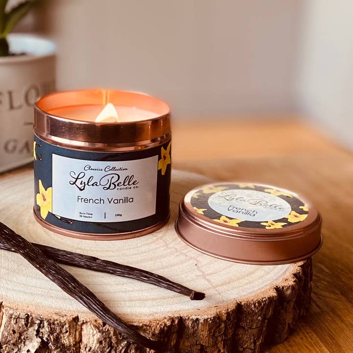 French Vanilla Tin Candle for wholesale by Lyla Belle Candle Co.