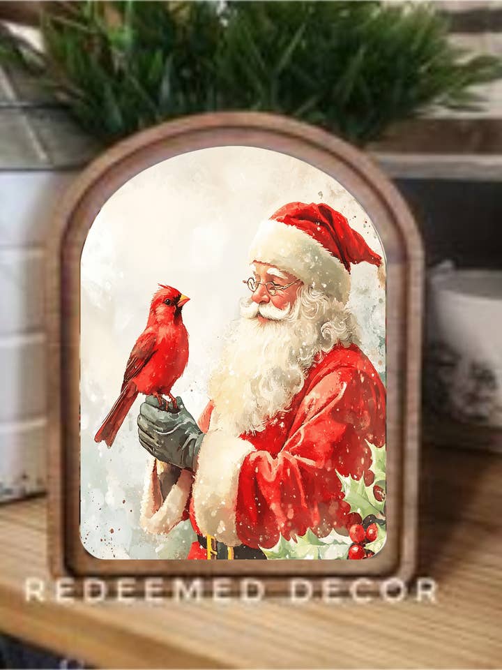 Arch Top Cardinal Santa Framed Art for wholesale by Redeemed Decor