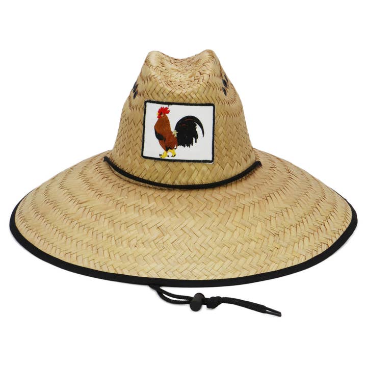 Cap Zone - Wholesale Straw Hat - Unisex - Rooster El Gallo Patch Eyelet Straw Lifeguard Hat