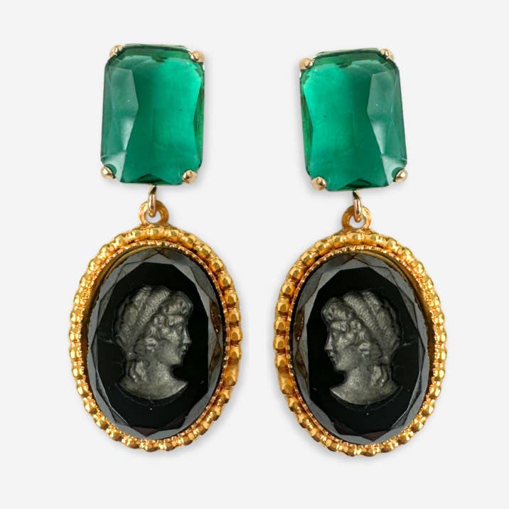 Black, gold, and green refashioned vintage cameo statement earrings for wholesale by Lulu’s Petals