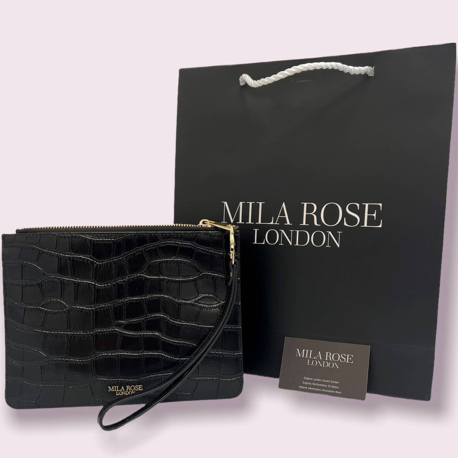 Mila Rose London - Vente Pochette – femme - Pochette en cuir noir imprimé crocodile Cadeau de Noël12