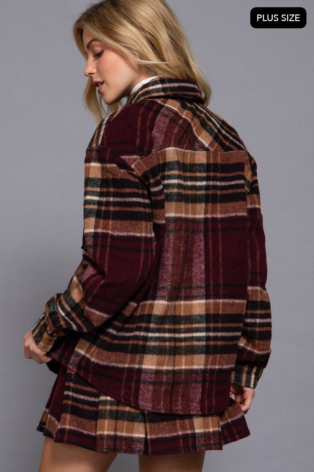 Active Basic | Active USA - Vente Veste-chemise – femme - [VÊTEMENT GRANDE TAILLE] Veste à carreaux en laine mélangée à manches longues et boutonnée12
