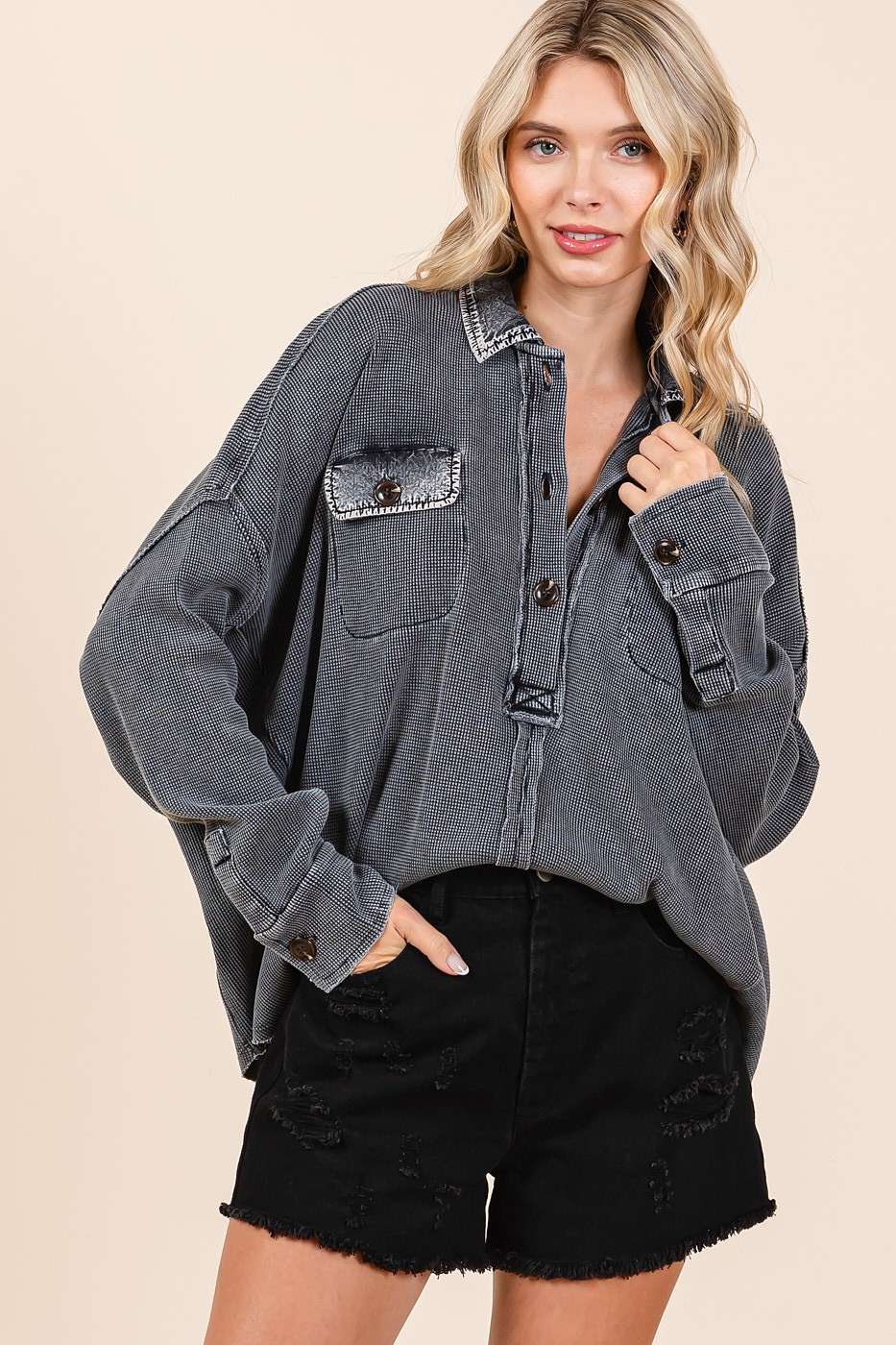 mittoshop - Vente Chemise à col boutonné – femme - HAUT HENLEY À COL GAUFRÉ DÉLAVÉ MINÉRAL7