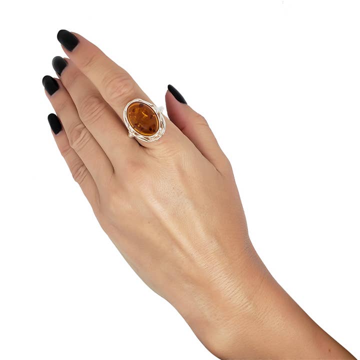 Cognac Amber Sterling Silver Adjustable Ring for wholesale by Amberman