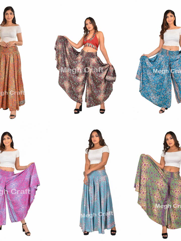Summer Fashion Women's Wide Leg Silk Palazzo Trouser Pant for wholesale by Meghcraft