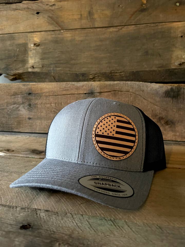 American Flag Circle Leather Patch Hat for wholesale by Driftwood Leather Co