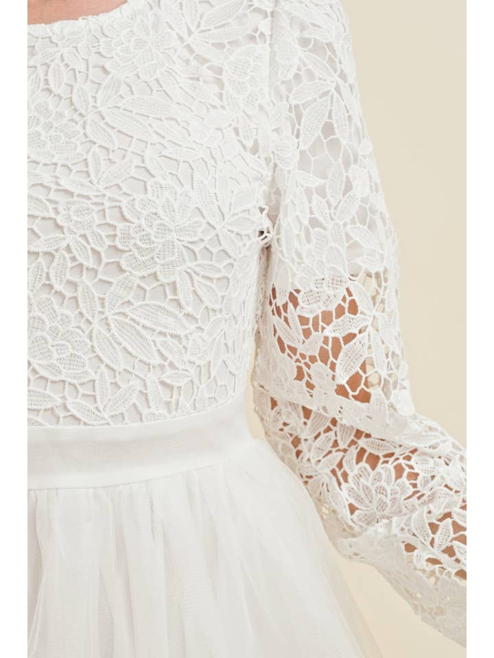 White CD15047J - LACE LONG SLEEVE TULLE MIDI DRESS for wholesale on Faire