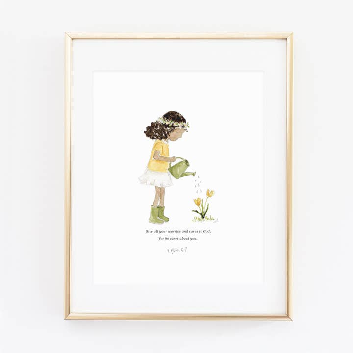 1 peter 5:7 watering girl scripture print for wholesale by emily lex studio