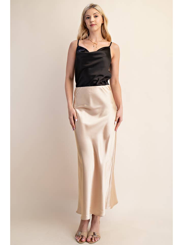 Glam - Wholesale Skirt - Women's - Waist Elastic Band Midi Satin Skirt