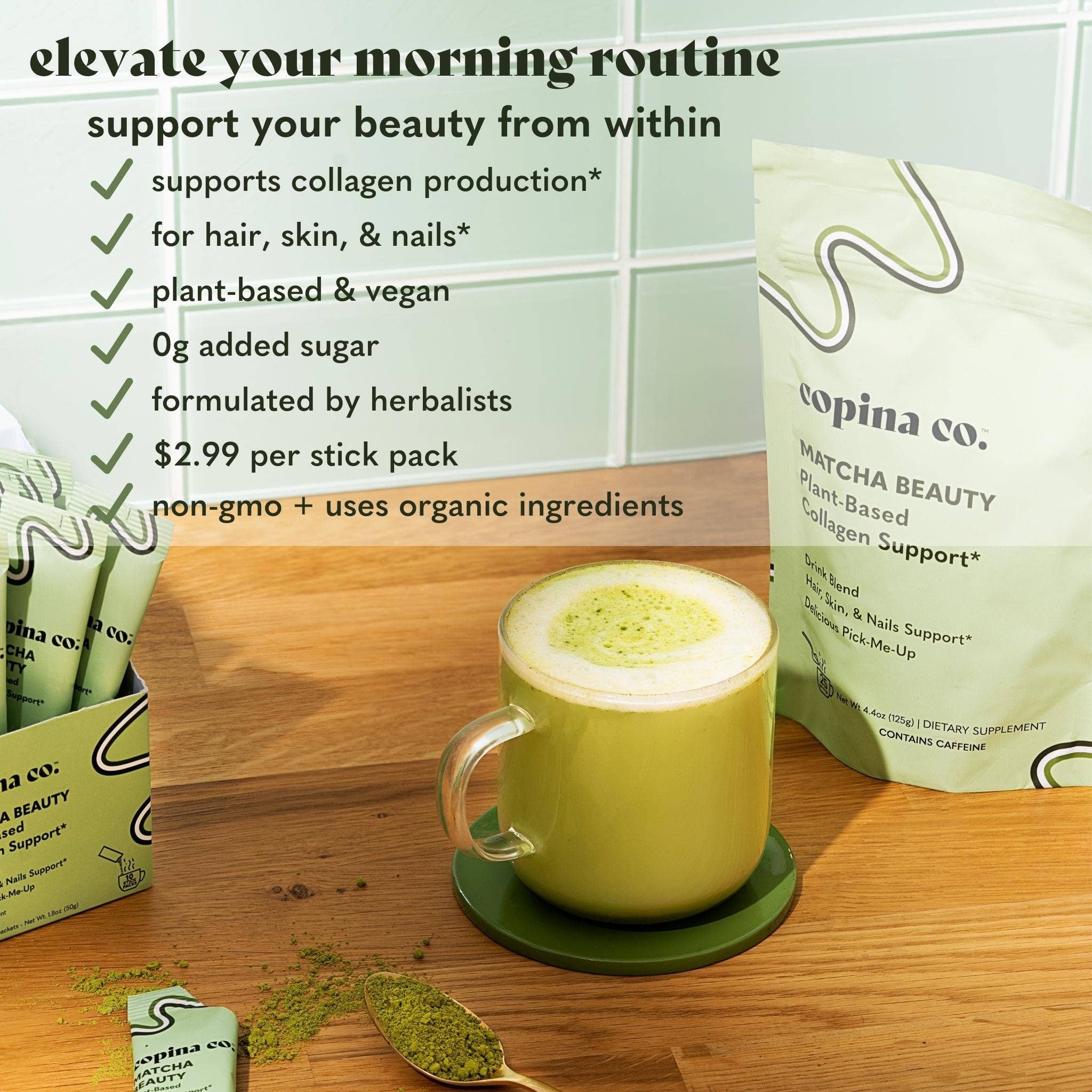 Copina Co. - Wholesale Powdered Health Drink - Matcha Plant-Based Collagen Boost Latte Stick Packs6