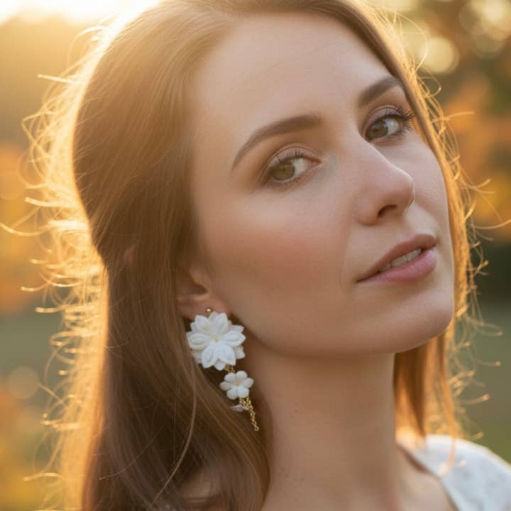 Pendantes multi fleurs en tissu blanc- finition or ou argent pour la vente par L'atelier du 6