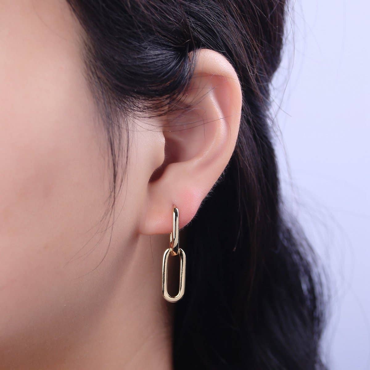 Aim Eternal - Wholesale Hoop Earrings - 14K Gold Filled Oval Hoop Chunky Earrings With Dangle Link Chain Rectangular Hoop Earrings, Geometric Hoops T-2951