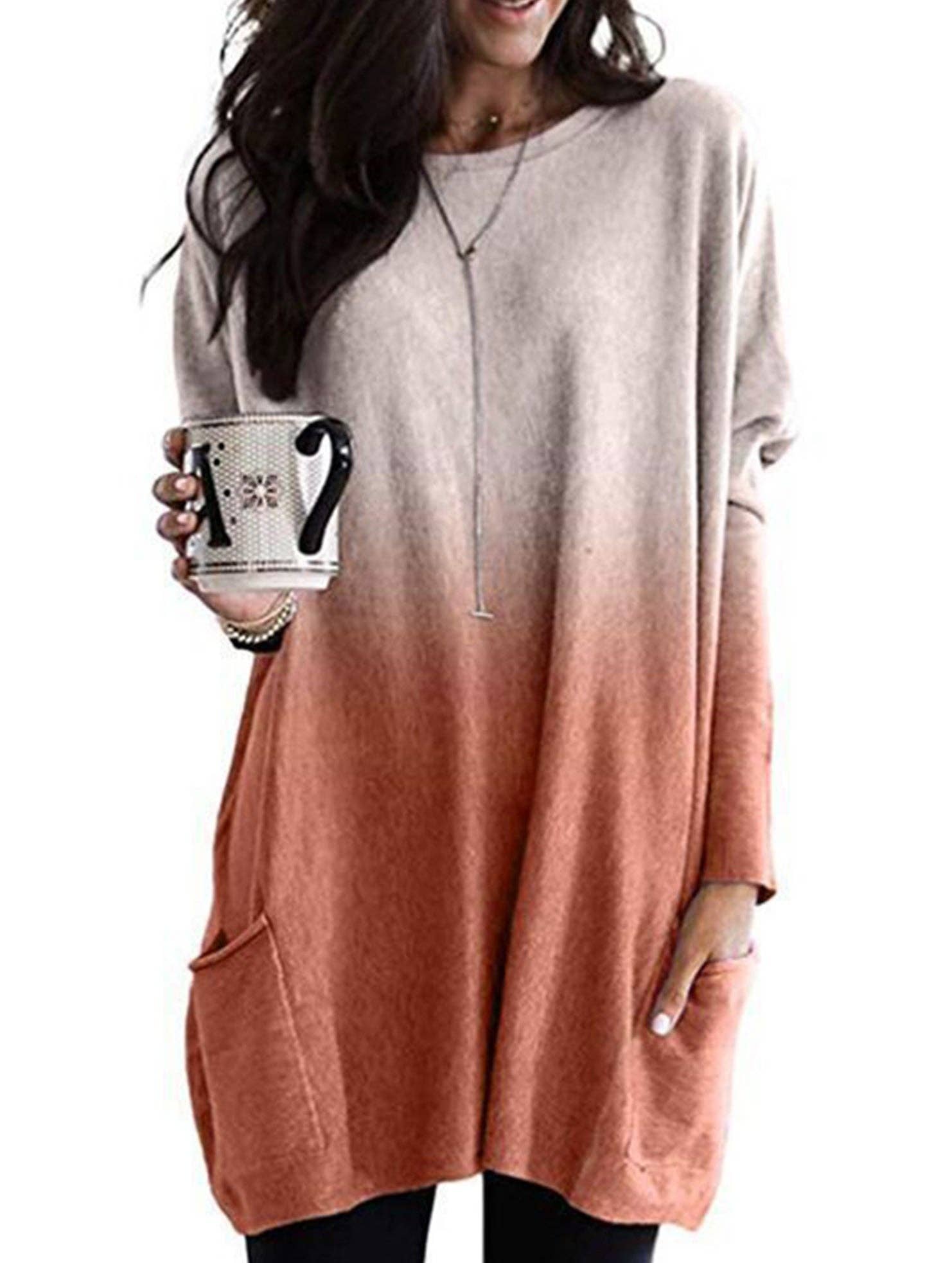 Lovenne - Wholesale Tunic - Women's - Gradient Color Long Sleeve Casual Pocket T-Shirt Top9