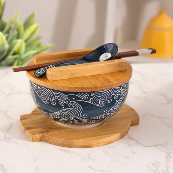 Urban Tokyo - Wholesale Serve Bowl - Wave Nami Bowl w/ Chopsticks, Spoon, Lid and Trivet Set0