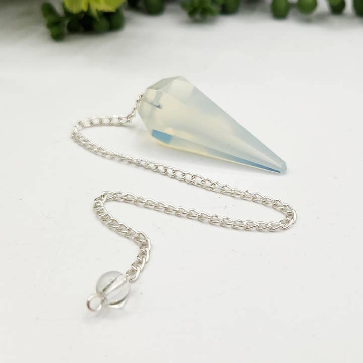 Meraki Gemstones - Wholesale Spiritual stone/crystal - Opalite Pendulum w/Silver Plated Chain & Clear Quartz Bead4