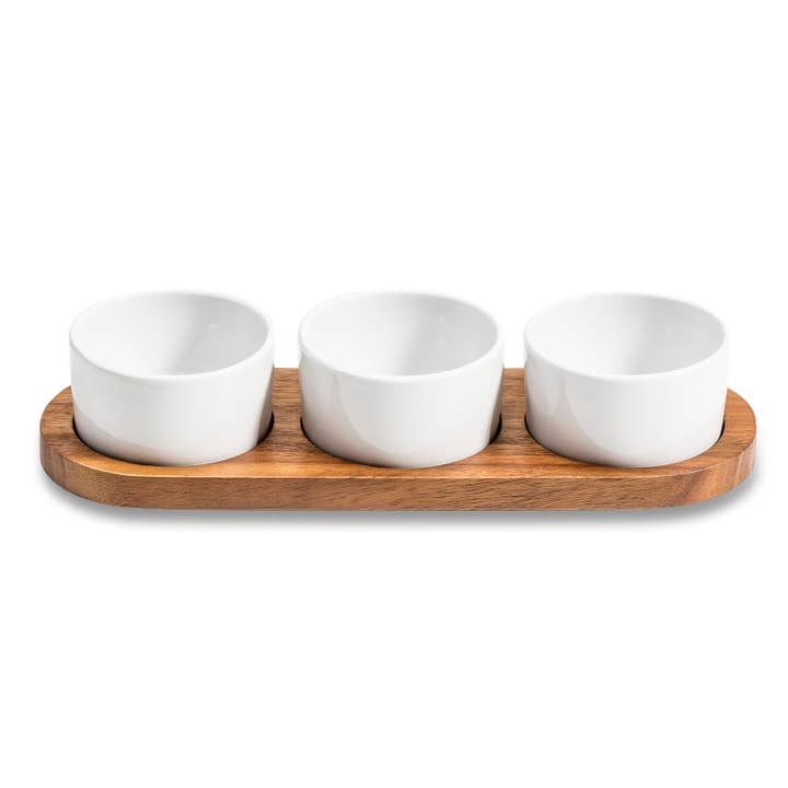 Kalmar Home - Wholesale Condiment/Dip Bowl - Ceramic Condiment Set on Acacia Wood Base3