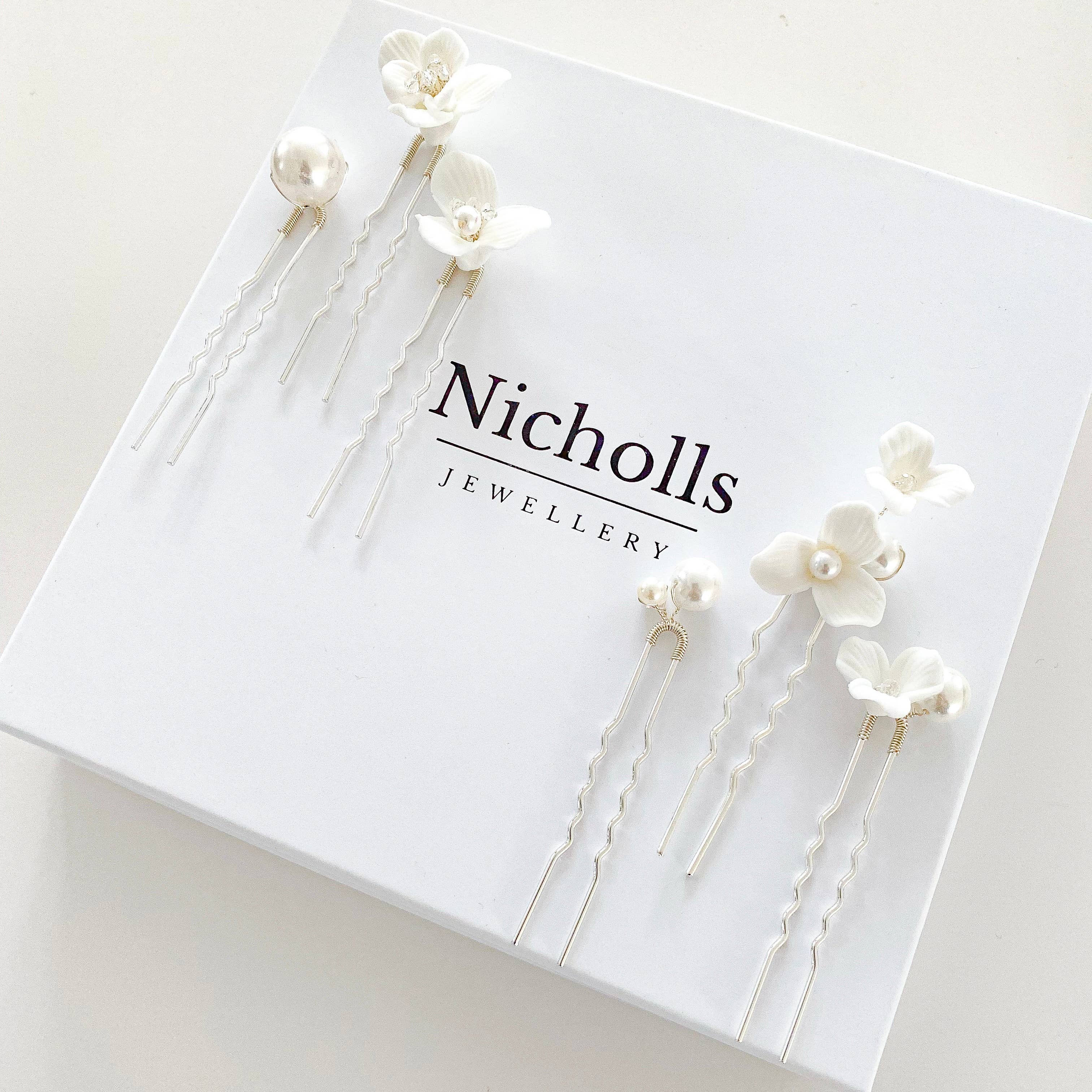 Nicholls Jewellery - Wholesale Hair Pin - Porcelain Flower and Pearl 6 pin set3