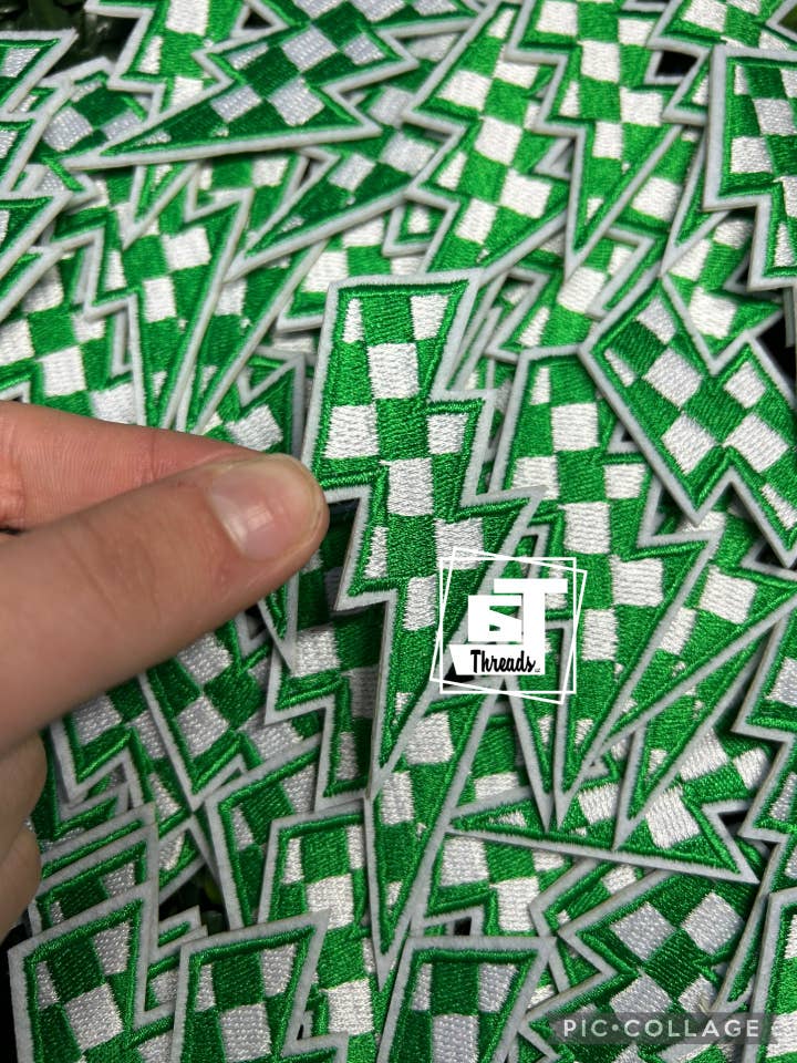 Green Checkered Lightning Bolt....Cap Patches for wholesale by 6j Threads LLC
