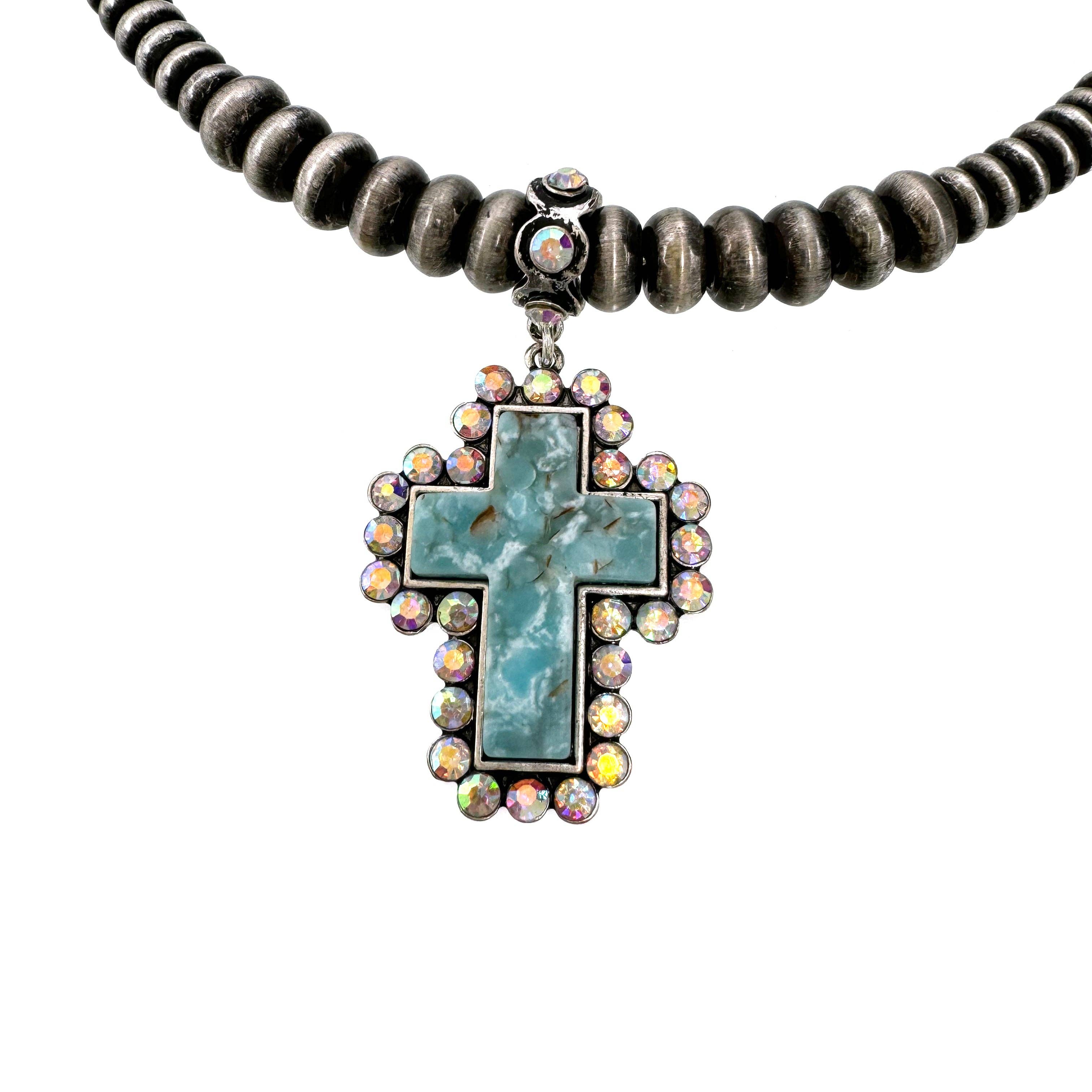 Lunar Deer - Wholesale Jewelry Set - Turquoise Cross Navajo Bead Choker Necklace with Earrings1