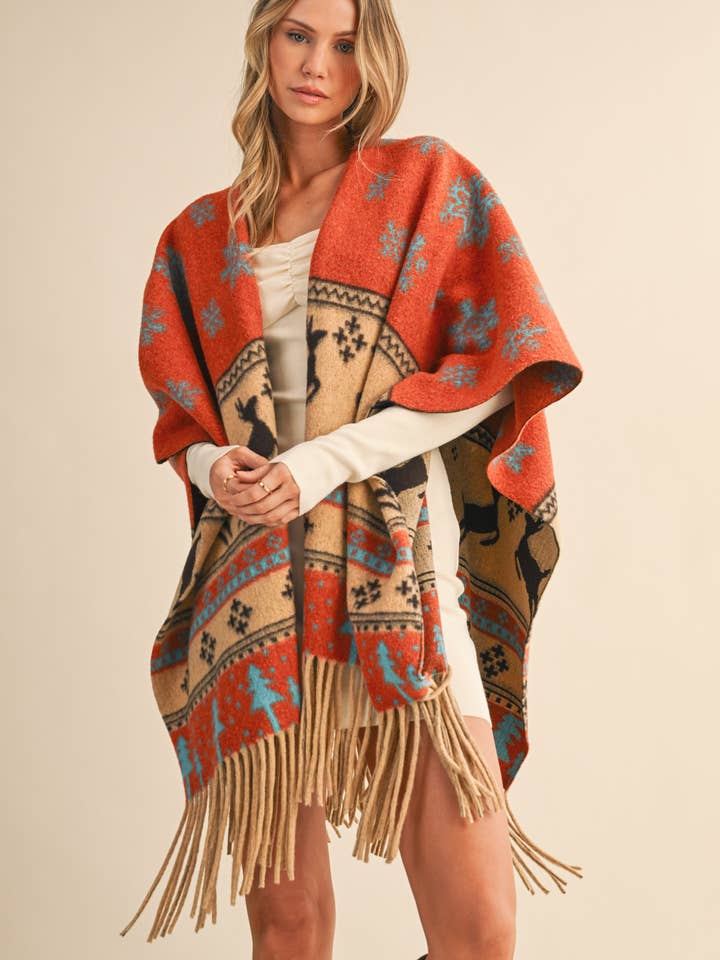 IJ1662 PRINTED FRINGED OVERSIZED CAPE for wholesale by Klesis