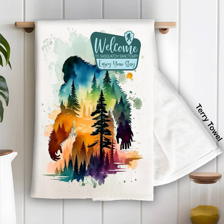 Sasquatch Sanctuary Big Foot Kitchen Terry Towel for wholesale by Avery Lane Gifts
