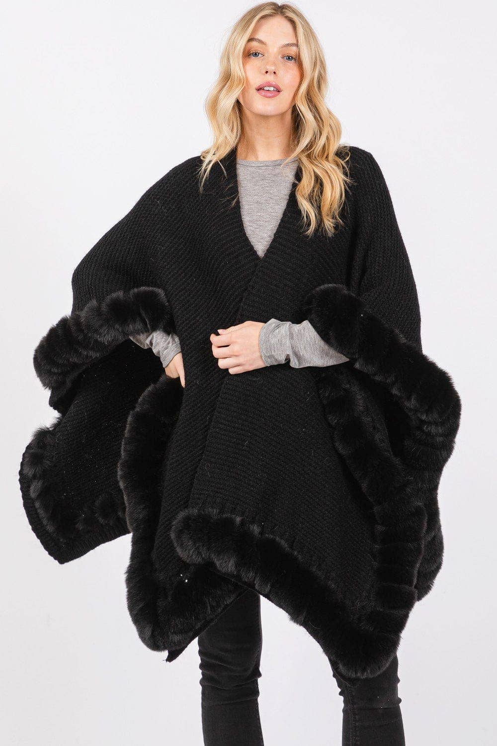 MiMi Wholesale - Wholesale Cape - Women's - MS0409 Brenda Fine Knit Faux Fur Hook & Eye-Closure Cape12