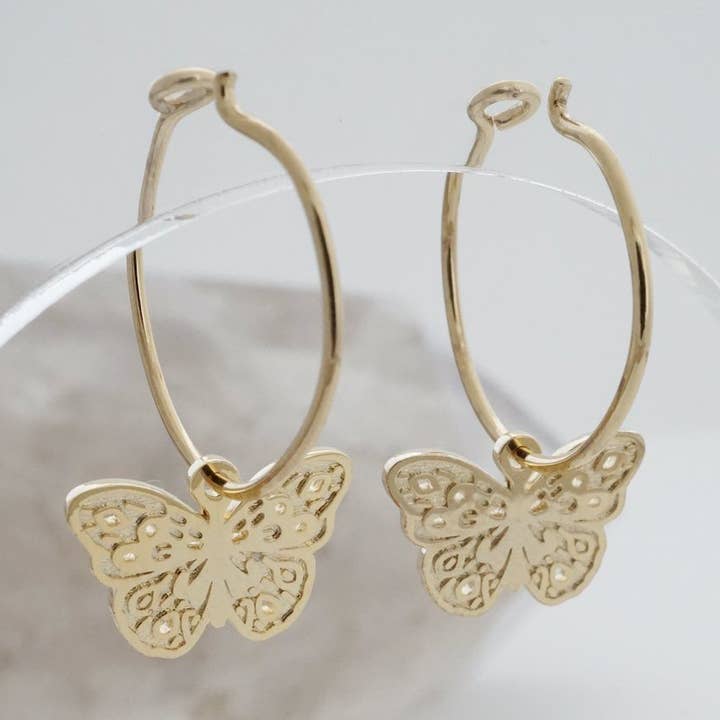 Magic Charm Butterfly Hoops for wholesale by Honeycat Jewelry