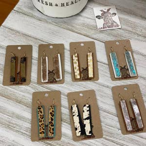 Upcycled Designer Crystal Cowhide Tooled Brass Earrings Tooled