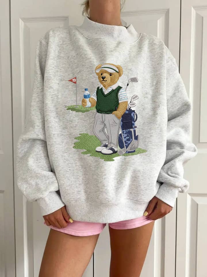 Peal Grey Fancy Teddy Bear Golf Embroider Mockneck Sweatshirt for wholesale by Sunkissed Coconut
