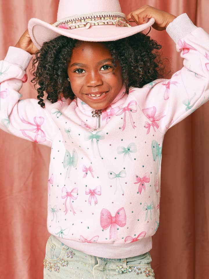 Bow Print 3/4 Zip Gem Stamped Crewneck for wholesale by Three Wildflower Designs