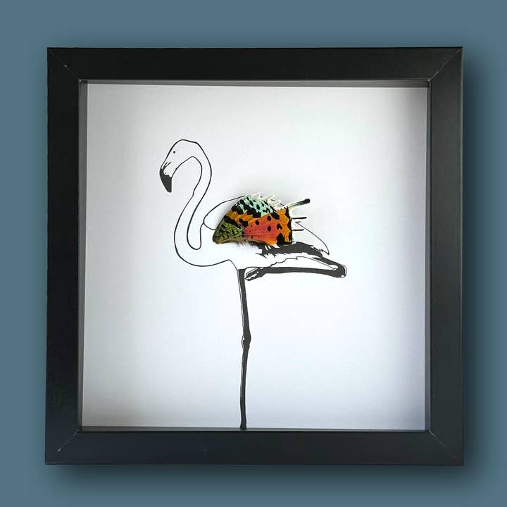 Single Flamingo Standing Framed Art with Real Butterfly Wing for wholesale by Isms