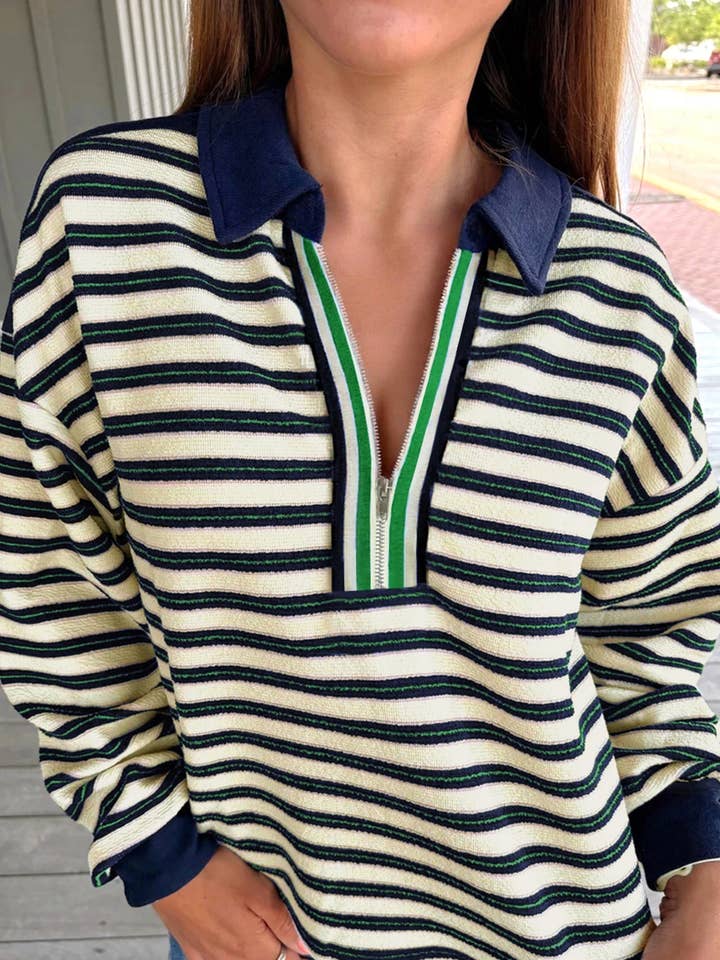 Striped Print Contrast Collar Zip V Neck Long Sleeve Top for wholesale by FULL TIME PURCHASE