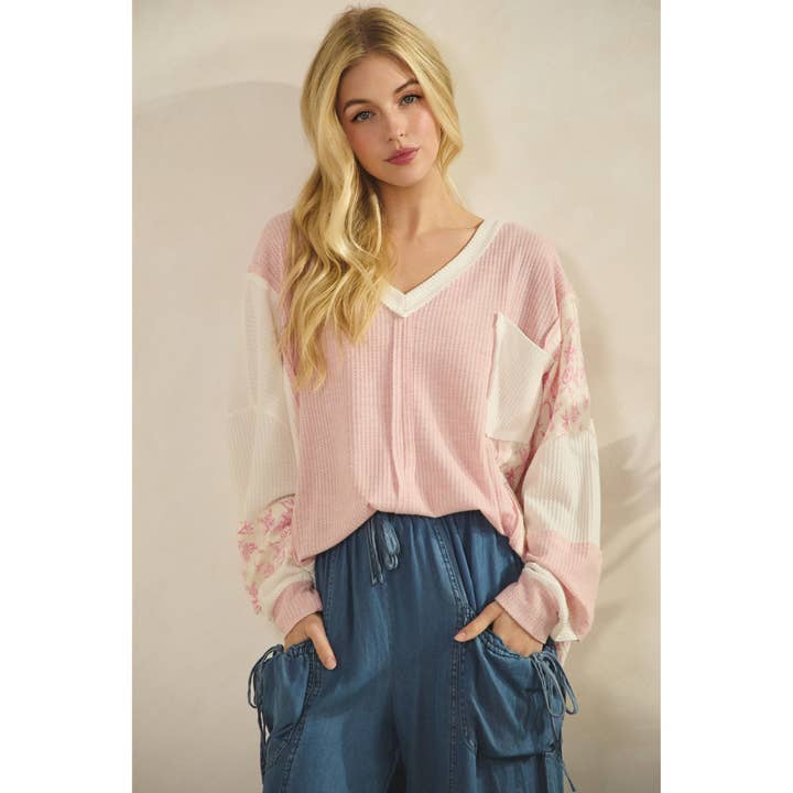 Patchwork Floral Sleeve Waffle Knit Pullover (ST7588) for wholesale by Sage + Fig