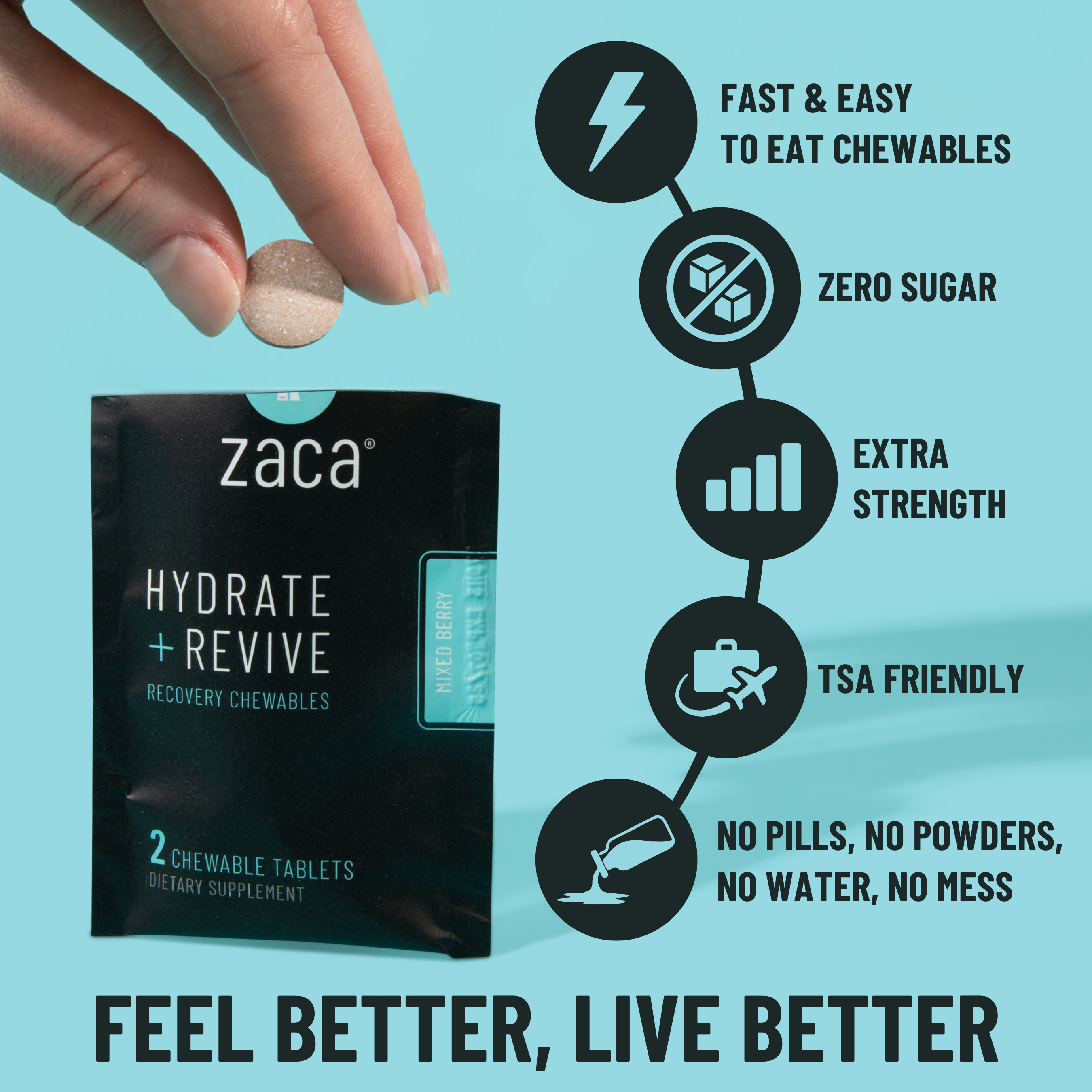 Zaca – Großhandel Pulverförmige Gesundheitsgetränke – Hydrate + Erholung schnell – Berry Kaubares Nahrungsergänzungsmittel1