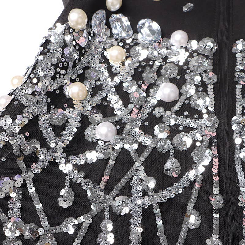 Preto Vestido tipo terno de cintura alta com detalhes em lantejoulas para venda a revendedores na Faire10