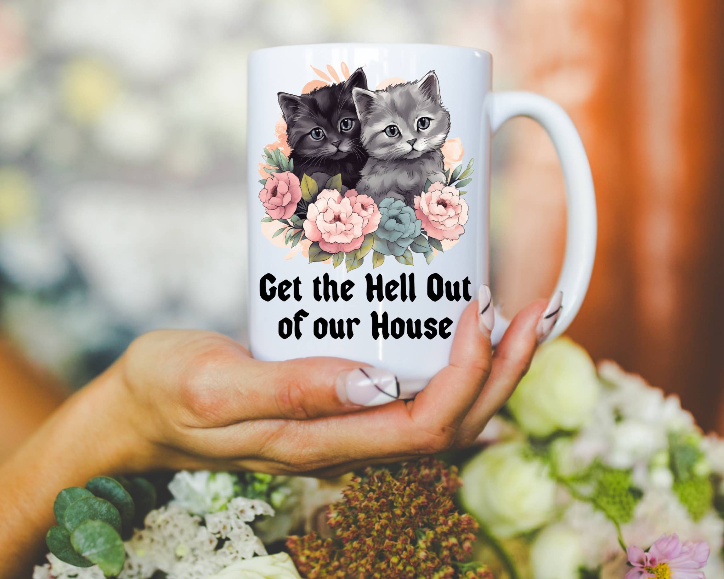 Ace the Pitmatian Co - Venta al por mayor Taza - Taza Get the Hell Out of Our House con forma de gato