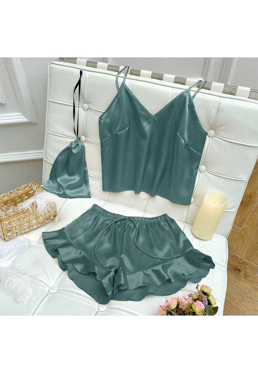 Anna Kaci Wholesale - Wholesale Lounge Set - Women's - Satin Tank and Ruffle Hem Shorts32