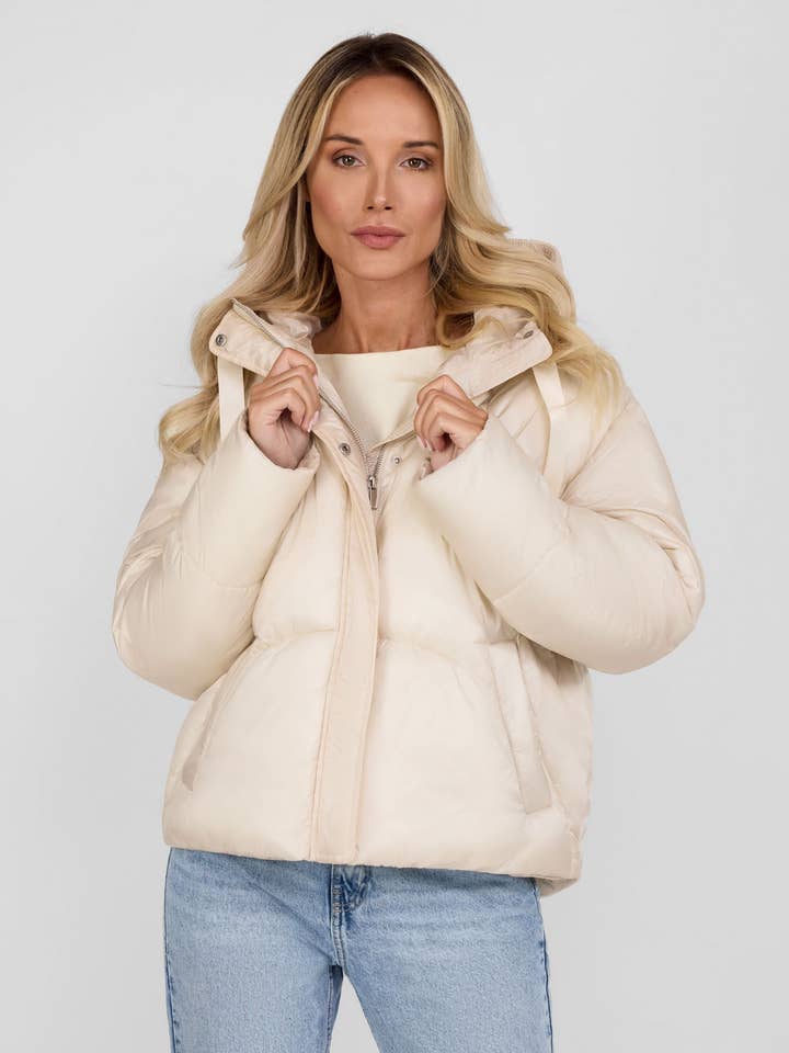 Women short padded jacket with hood curved stitching grey AW25 for wholesale by Minoti sp. z o.o.