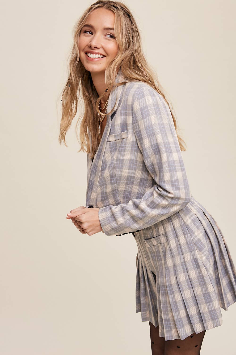 Listicle - Wholesale Top & Short Set (NOT Loungewear) - Women's - Plaid Cropped Blazer & Pleated Skort Set LSET1258