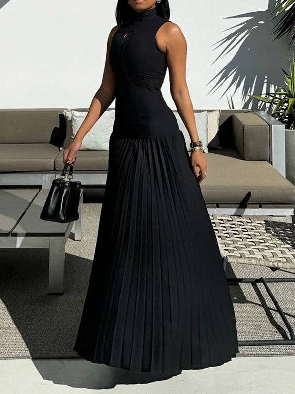 BLACK Bodycon Sleeveless Hollow Pleated Solid Color Split-Joint Mock Neck Maxi Dresses for wholesale on Faire2