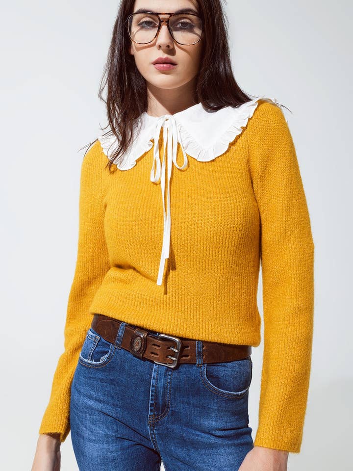 Pull côtelé à col rond en moutarde pour la vente par Q2—All Orders:Free Duties for the US,UK,and Canada