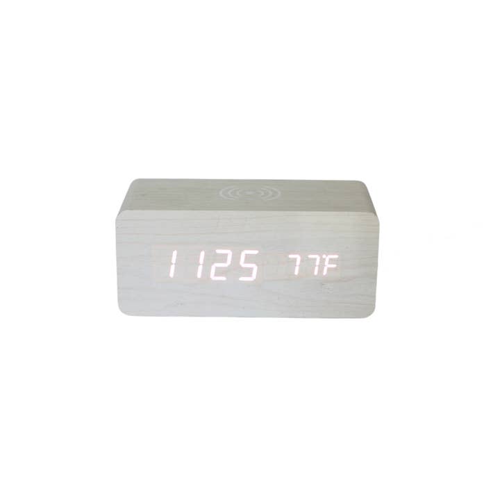 Creative Gifts International Inc. - Vente Station de charge - Chargeur de téléphone sans fil en bois blanc/horloge numérique