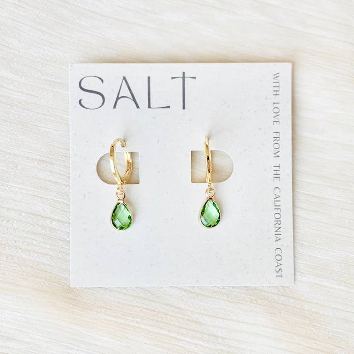 SALT by Sarah Curtis - Wholesale Huggie Earrings - PERIDOT HUGGIE HOOPS | gold | light green gemstone earrings